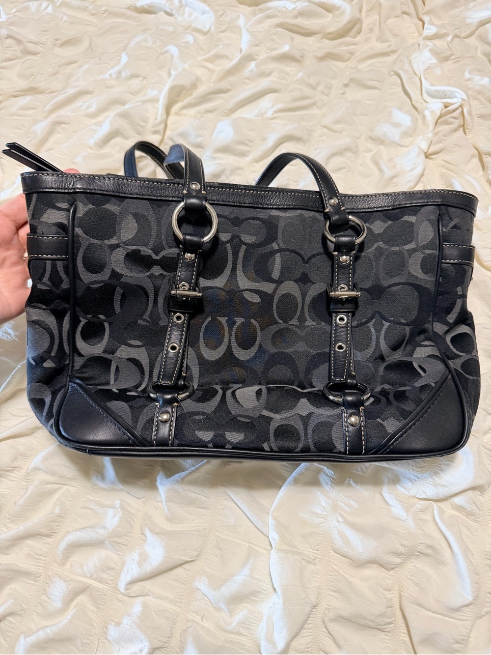 Coach Black & Gray Signature Canvas Shoulder Bag - Picture 2 of 16
